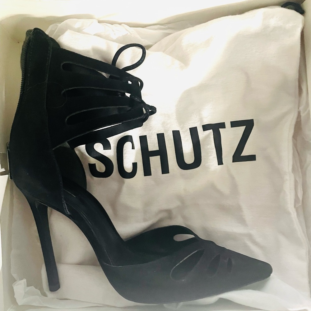 SCHUTZ Belia ankle strap heels. 8.5. Black suede